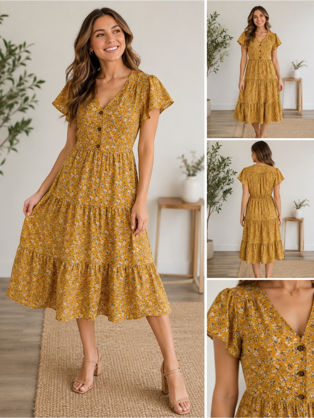 Monteau mustard orange Floral Midi Dress with Button Front
